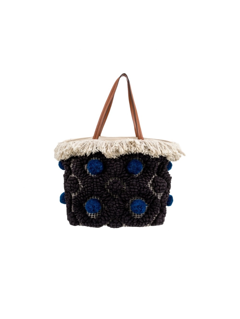 Tory Burch Black & Blue Pom Pom Canvas Tote Bag with Fringe & Leather Handles